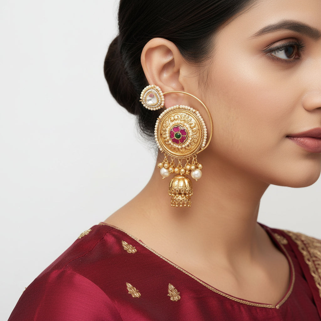 Gold earrings with intricate design and pearl and gemstone accents on a person's ear.
