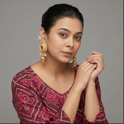 KD Atelier Gold Plated Drop Shape Jhumki Earrings with Red Stone