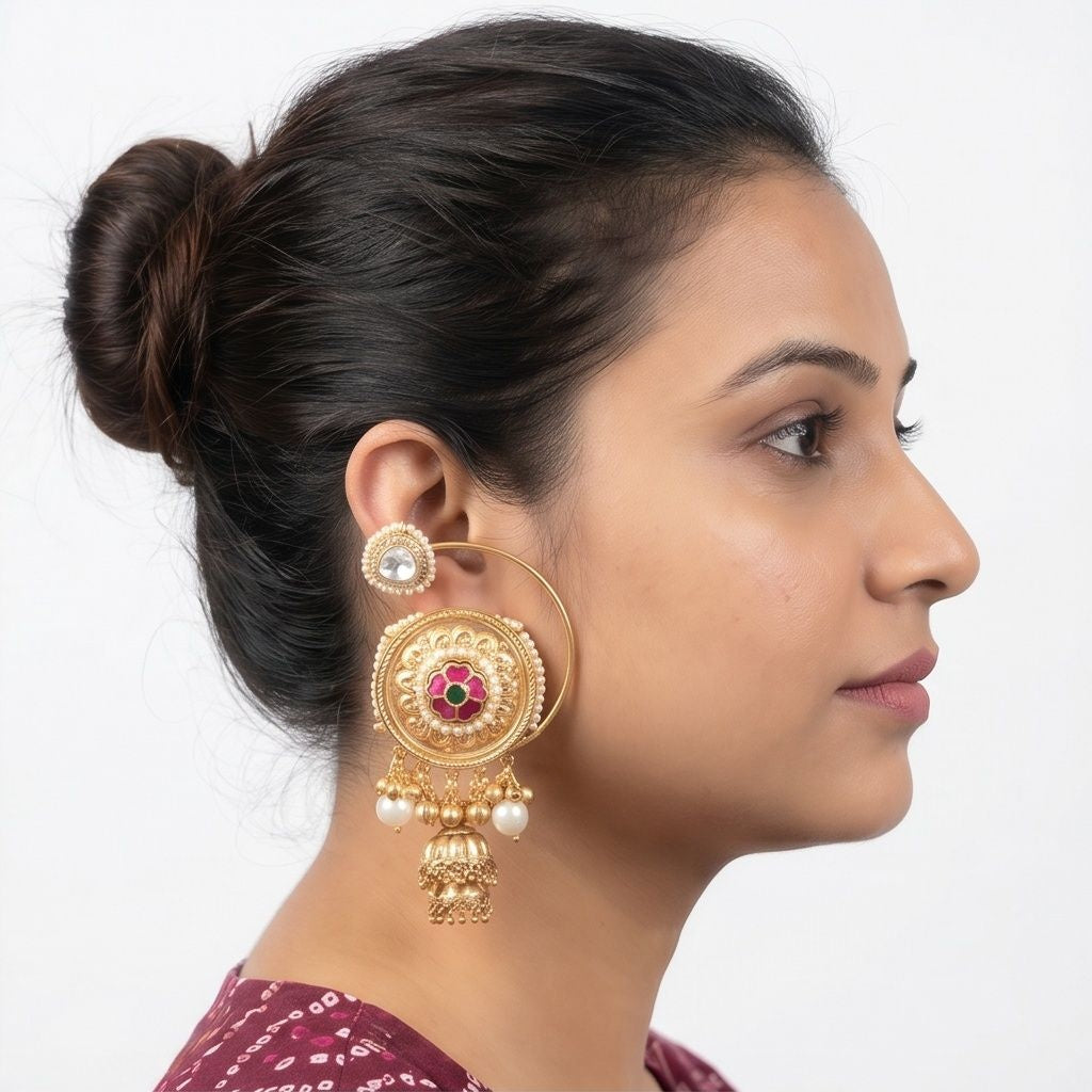 KD Atelier Gold Plated Drop Shape Jhumki Earrings with Red Stone