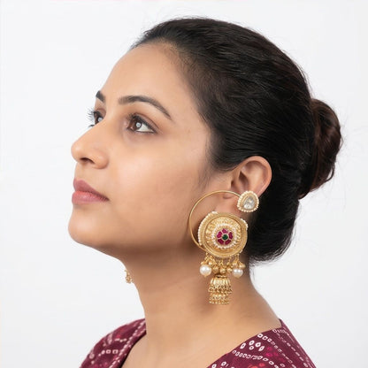 KD Atelier Gold Plated Drop Shape Jhumki Earrings with Red Stone