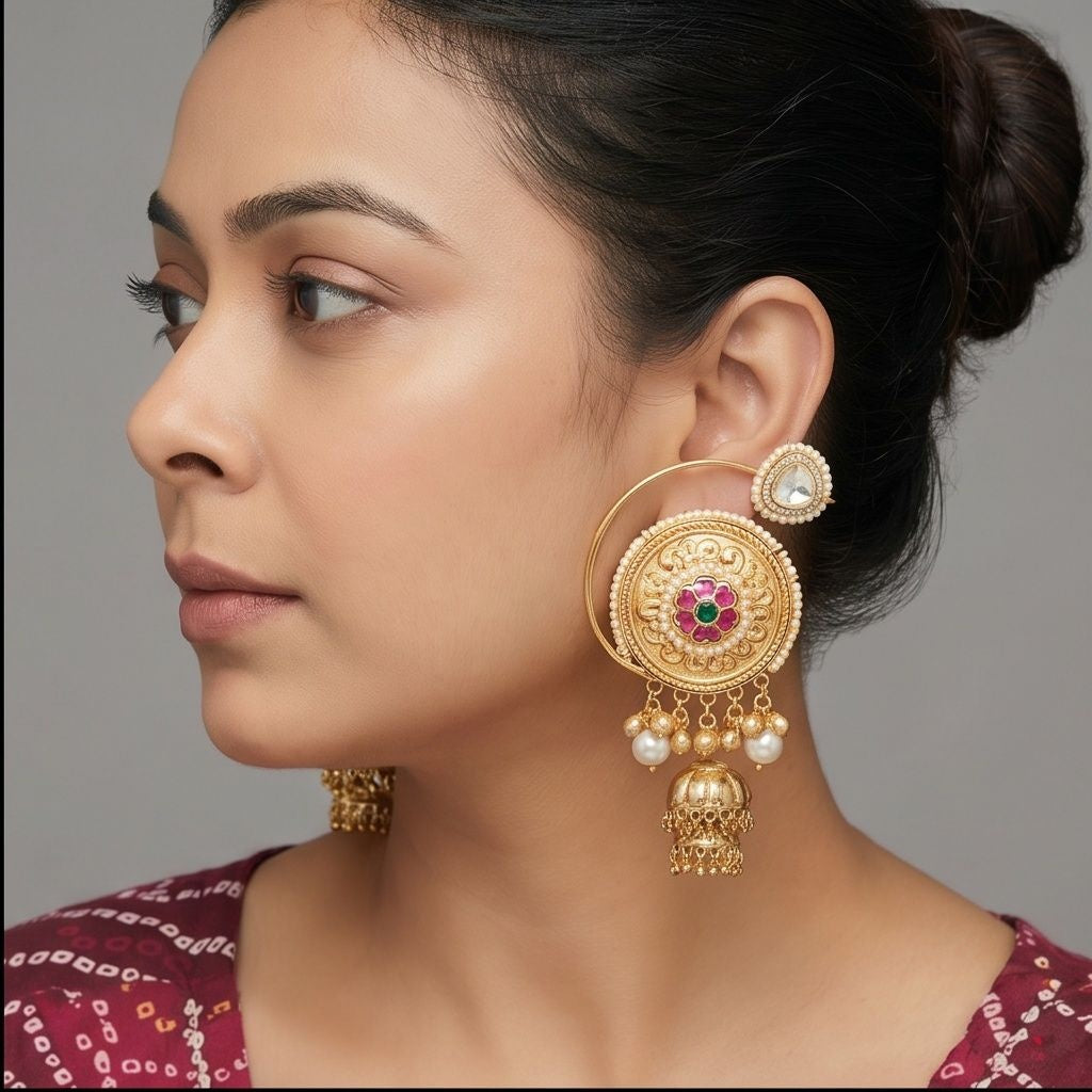 KD Atelier Gold Plated Drop Shape Jhumki Earrings with Red Stone