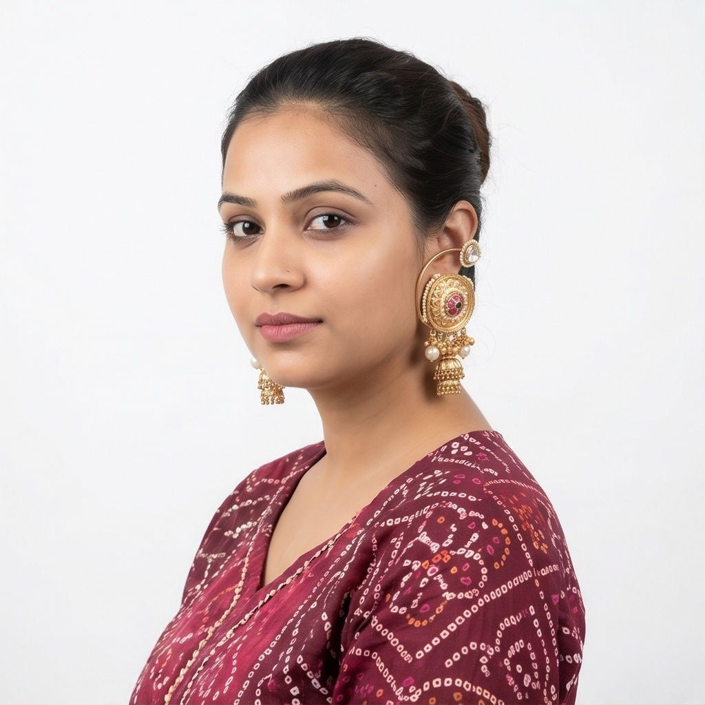 KD Atelier Gold Plated Drop Shape Jhumki Earrings with Red Stone