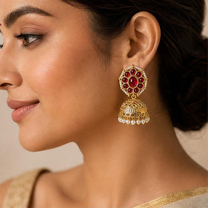 KD Atelier Kundan Floral Stud Jhumka Earrings with Pearl Border