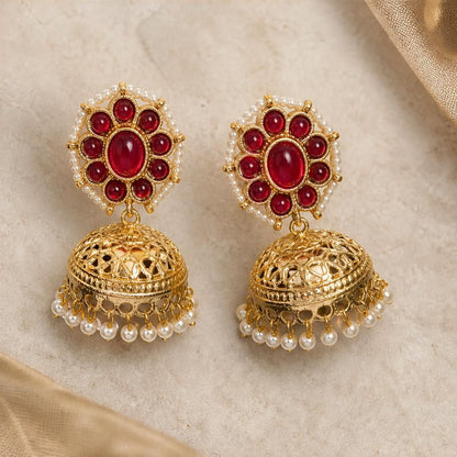 KD Atelier Kundan Floral Stud Jhumka Earrings with Pearl Border