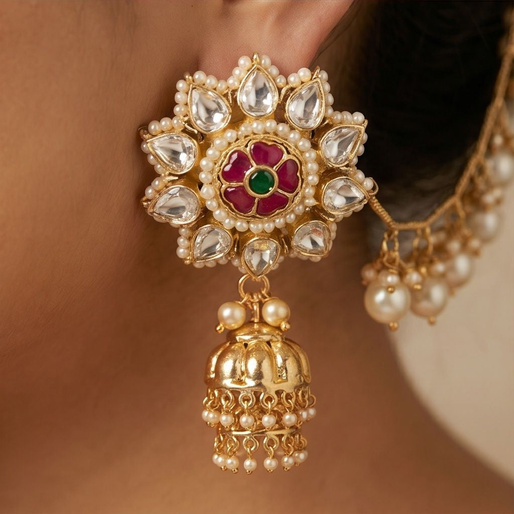 KD Atelier Kundan Floral Jhumka with Pearl Sahara Chain