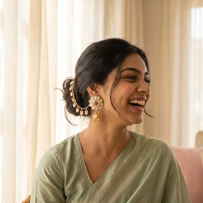 KD Atelier Kundan Floral Jhumka with Pearl Sahara Chain