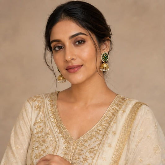 KD Atelier Kundan Floral Stud Jhumka Earrings with Pearl Border