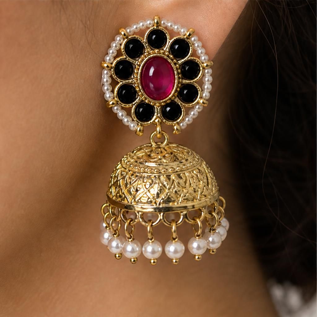KD Atelier Kundan Floral Stud Jhumka Earrings with Pearl Border