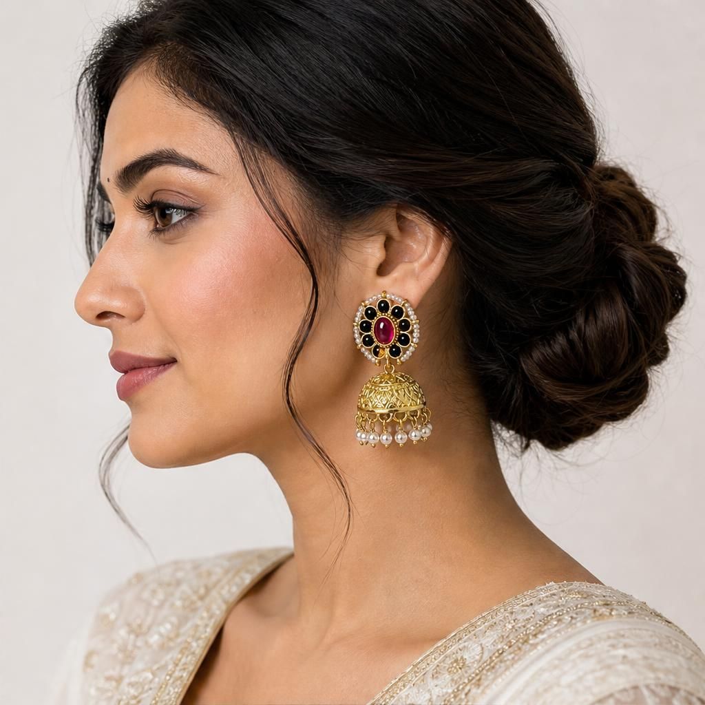 KD Atelier Kundan Floral Stud Jhumka Earrings with Pearl Border