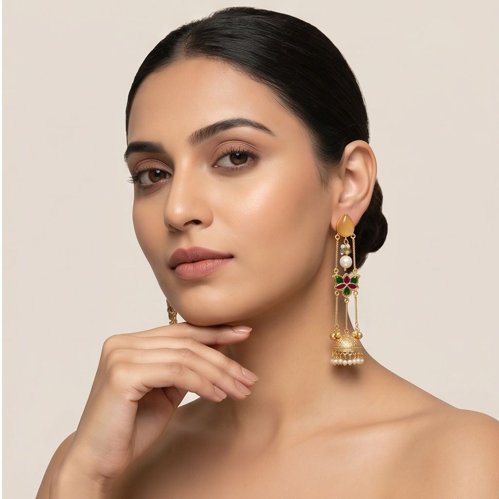 KD Atelier Vintage Inspired Long Chain Jhumka Earrings