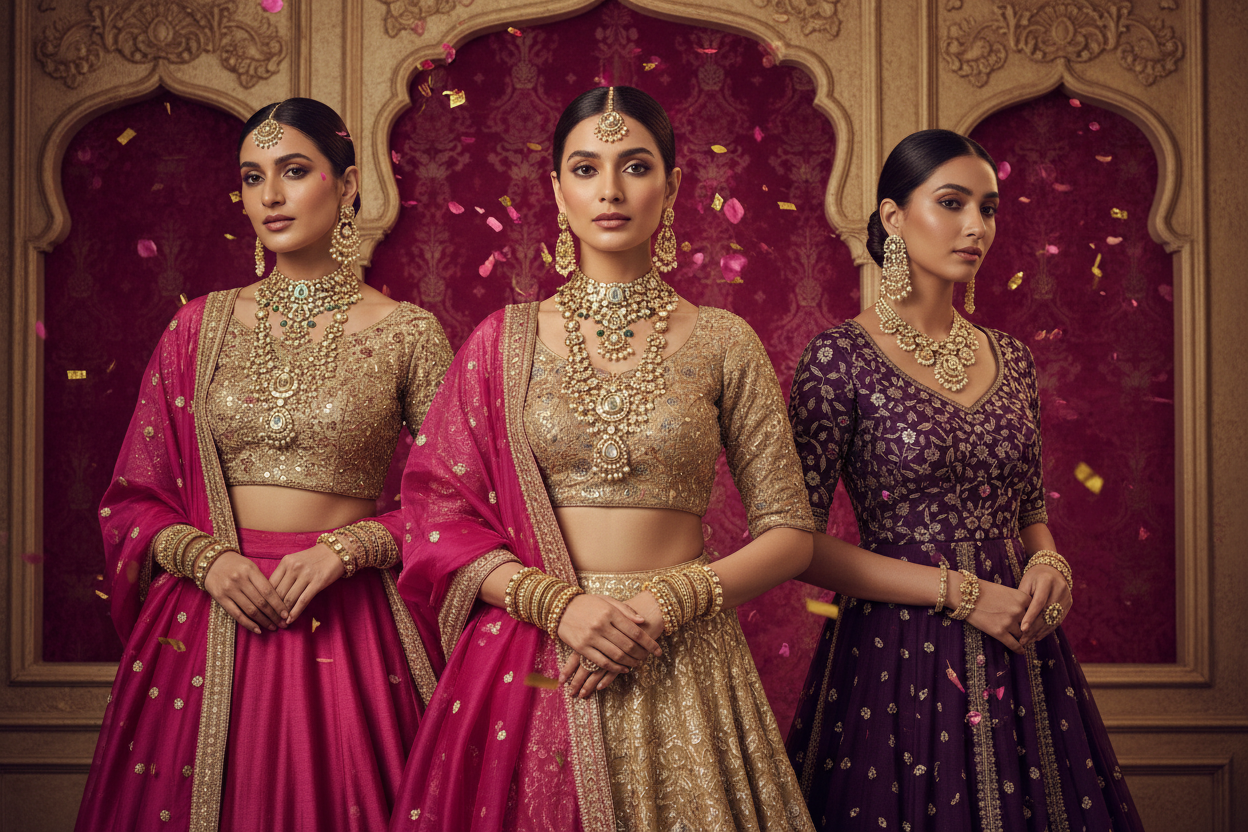 Three women in traditional Indian attire with jewelry against a decorative wall.